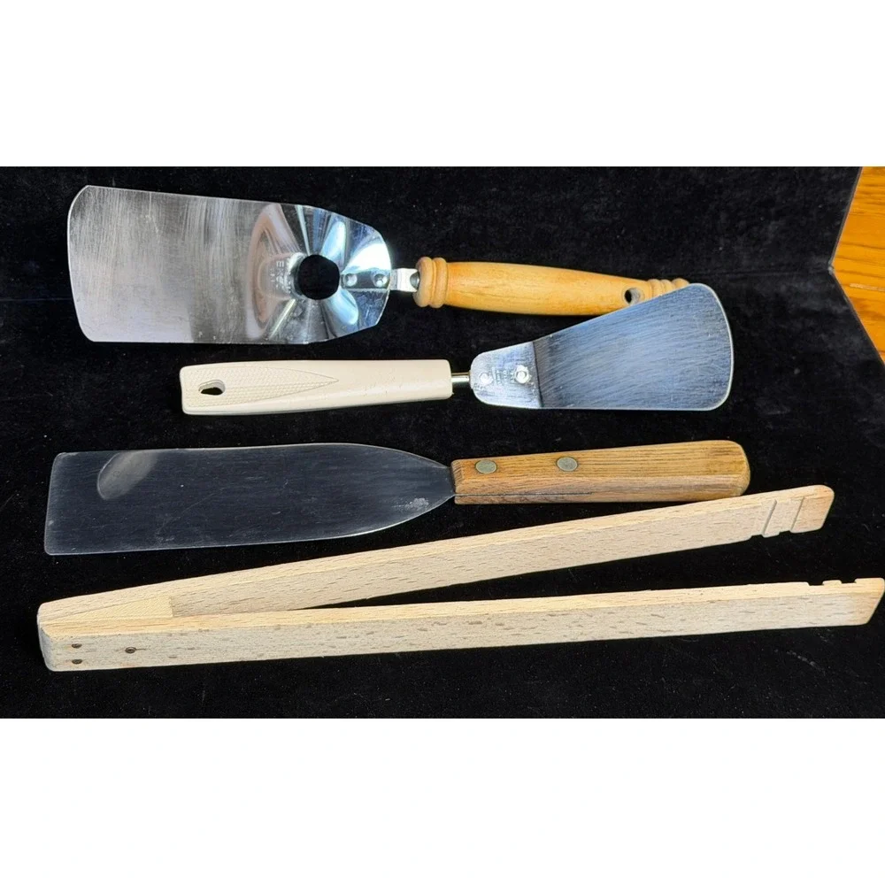 Vintage 4pc Kitchen Utensils: Ekco, Montgomery Ward Spatula Set and Wooden Tongs